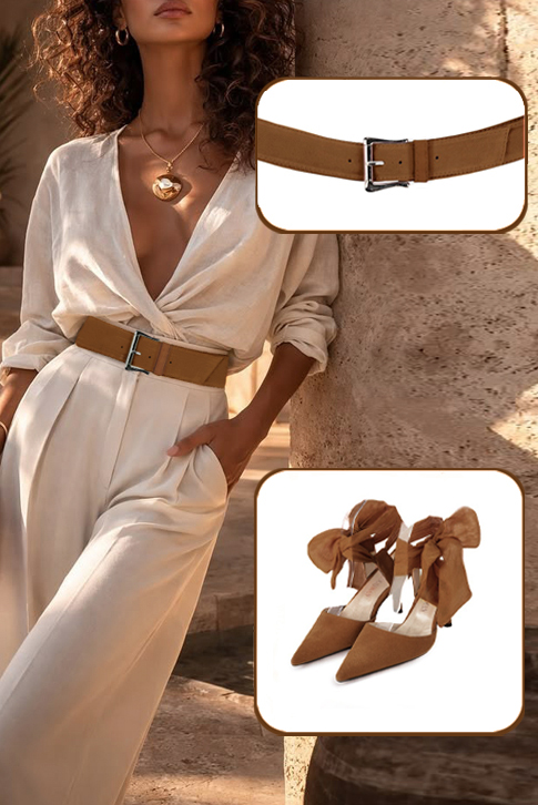 Dress closed-toe heels ankle scarf in caramel brown leather with high slim heels and pointed toe - Top view